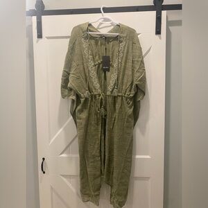 New With Tags BCBG Olive Green Kimono / Swim Cover with Embroidered Details